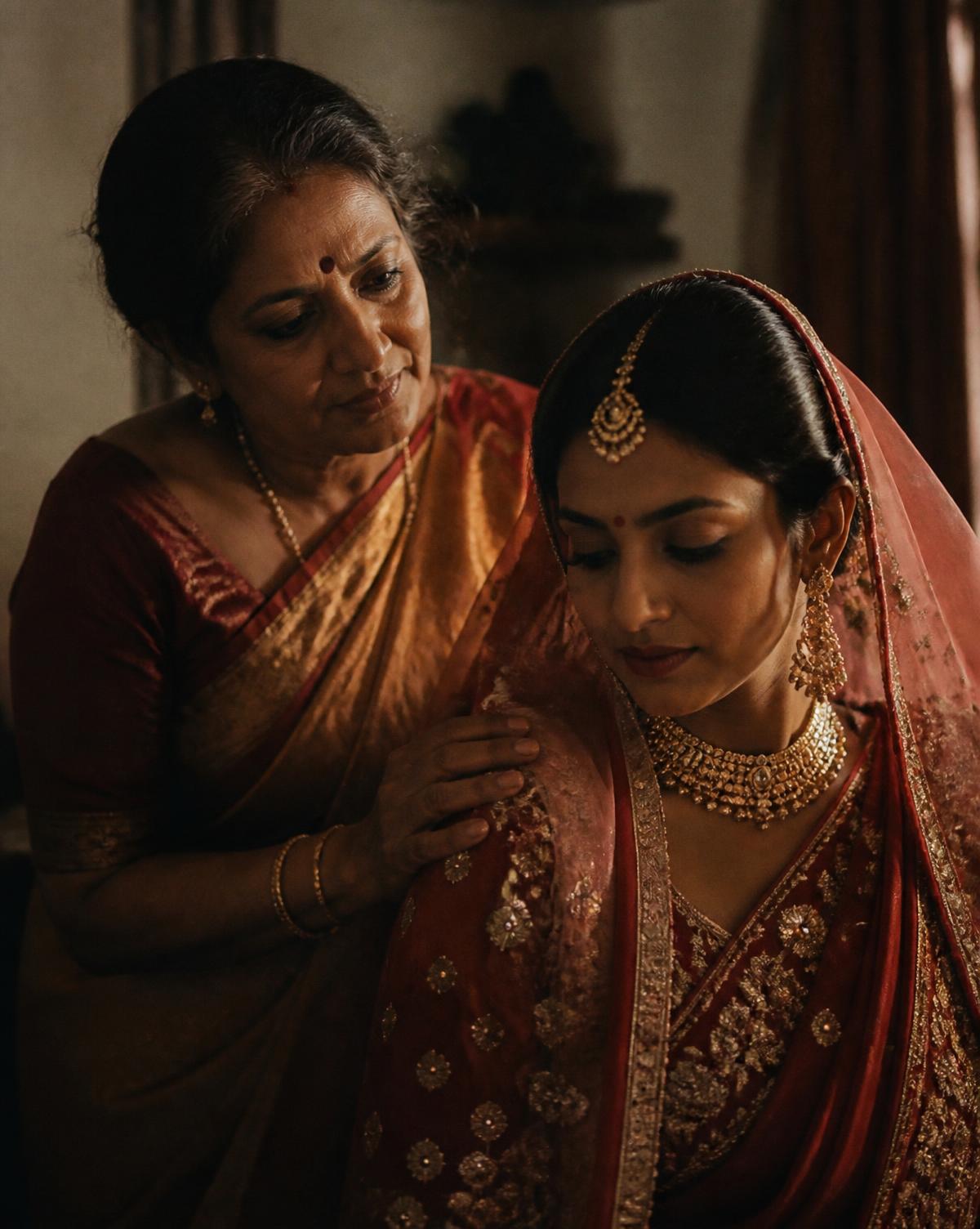An older woman steadying a bride