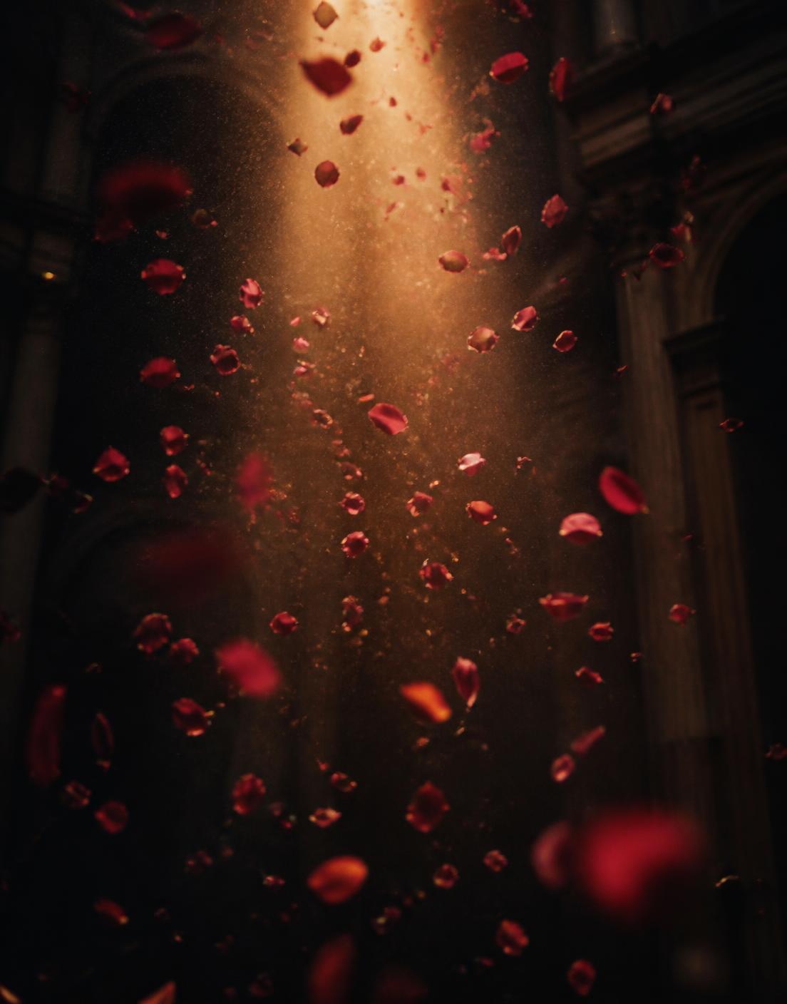 Petals falling through a shaft of light
